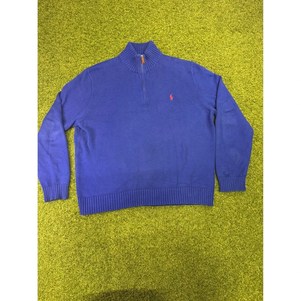 Polo Ralph Lauren Mens XL Blue Quarter‎ Zip Sweater Red Pony Logo Cotton Knit